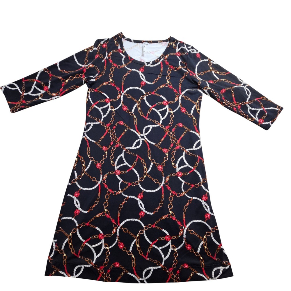 Lulu-B Dress Women S Black Chain Rope Print 3/4 Sleeve A-Line Stretch
